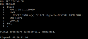 Anonymous PL/SQL block inserting 100000 rows into demo table using sequence with cache 1000