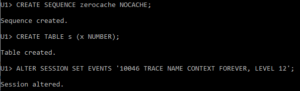 SQL creating a NOCACHE sequence, a demo table, and enabling 10046 trace.