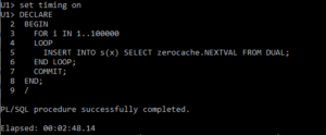 Anonymous PL/SQL block doing 100000 inserts while selecting from a NOCACHE sequence