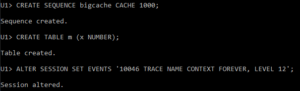 SQL creating a sequence with cache 1000, a demo table, and enabling 10046 trace